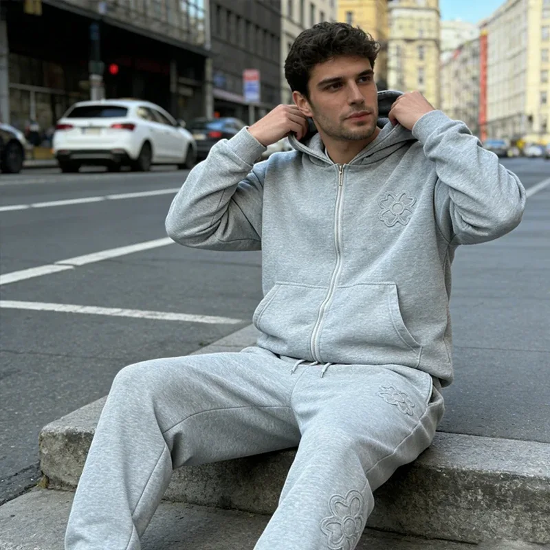 Olive Green Embroidered Zip Hoodie & Pants Set Men Streetwear Trendy Loose Casual 2-Piece Tracksuit New 2025 Fashion