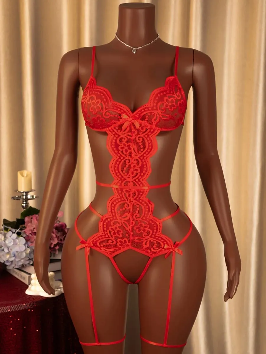Plus Size Women’s Lace Bodysuit Hollow Out Lace-Up Floral Bodystocking Sheer Romantic Lingerie for Valentine’s Day Nightwear