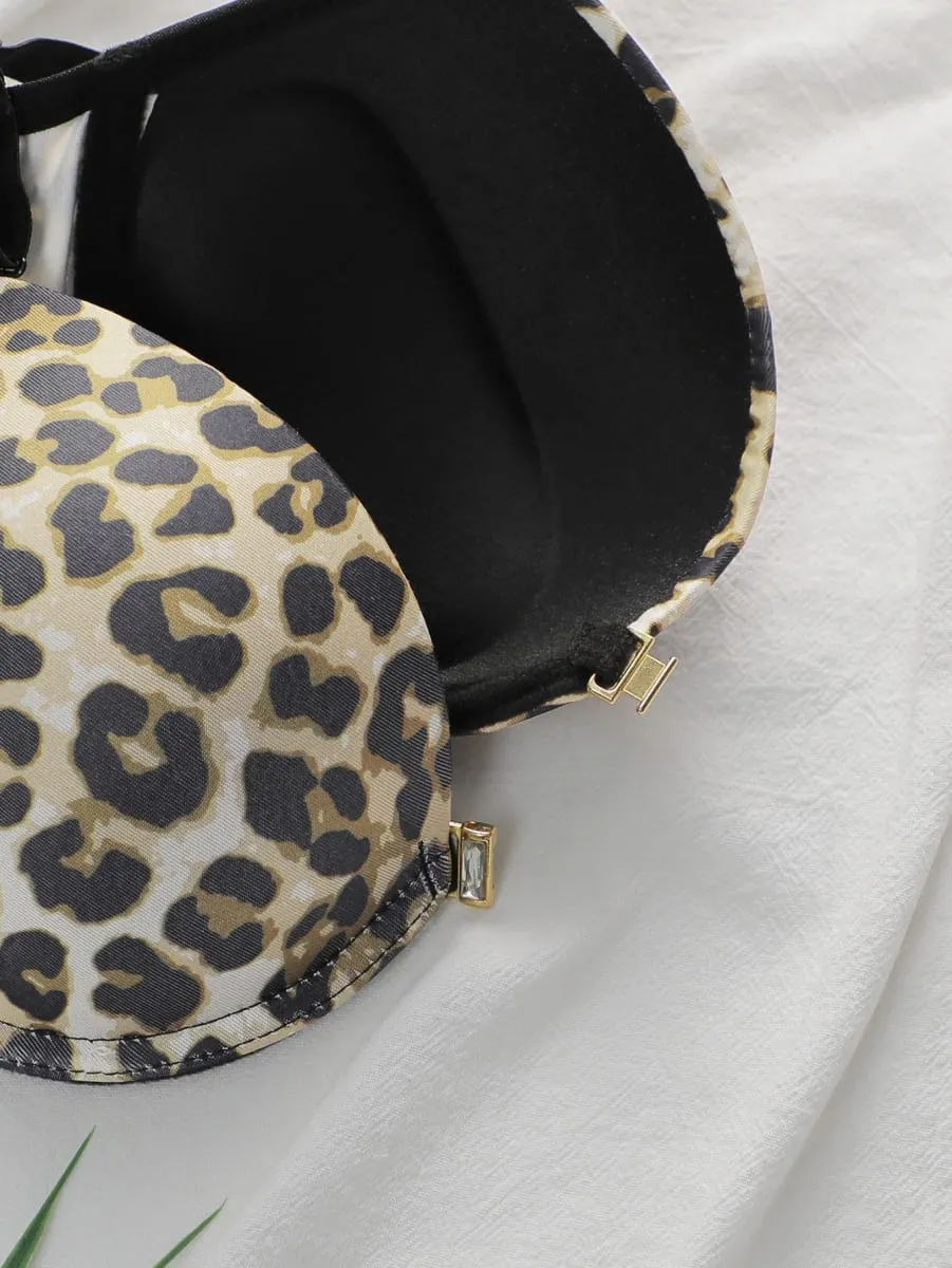 Souprava podprsenky s leopardím vzorem se zapínáním vpředu a s kosticí Push Up spodní prádlo pro ženy Sexy krajkové dvoudílné oblečení Bralette a kalhotky