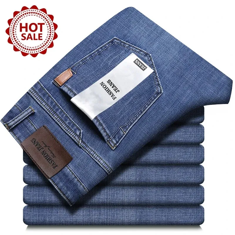 Autumn Winter Men's Jeans Classic Retro Grey Denim Pants Man Work Slim Straight Stretch Cotton Trousers Streetwear Plus Size 40