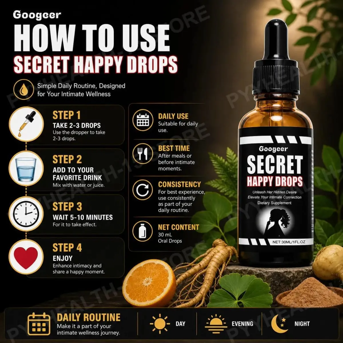 Googeer Secret Happy Drops Oral Drops Herbal Epimedium Maca Root Ginseng Ginkgo Biloba Support Blood Circulation Intimacy 30 ML