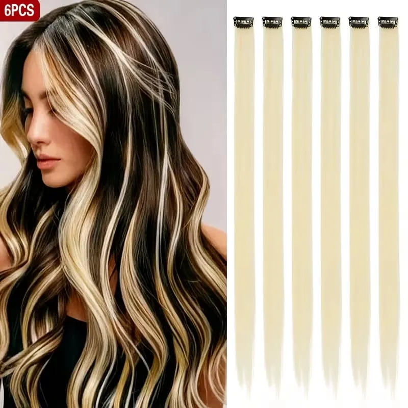 22Inch Synthetic Long Straight 6pcs Hair Extension Clip in Fashion Color Hair Rainbow for Women Daily Use