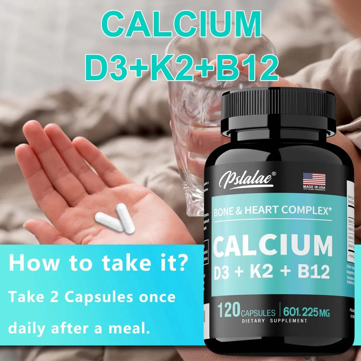 Suplemento de cálcio 4 em 1 com vitamina D3 K2 B12 - apoia ossos, dentes, coração e função do sistema imunológico