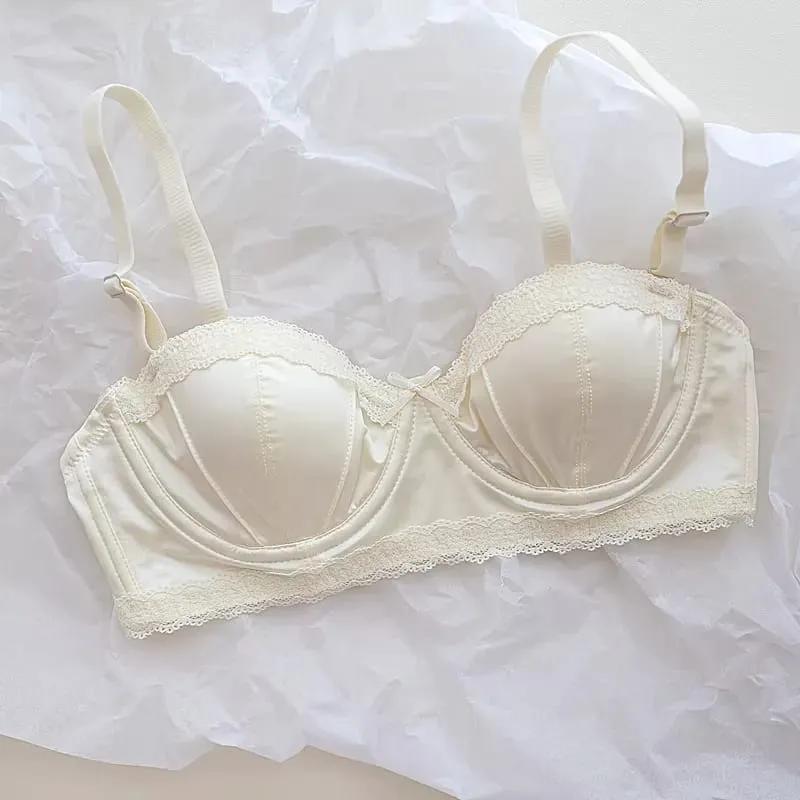 Luxury French Minimizer Bra Satin Lace Thin Cup Soft Underwire Uplift Centering Anti-Sagging Solid Comfort Support Elegant Women