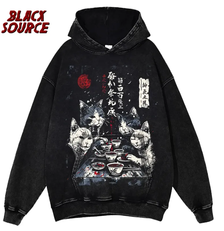 T126 Funny Cat Graphic Hoodie, Japanese Cat Printed Pullover Sweatshirt, Men's Women's Harajuku Casual Streetwear — image 12