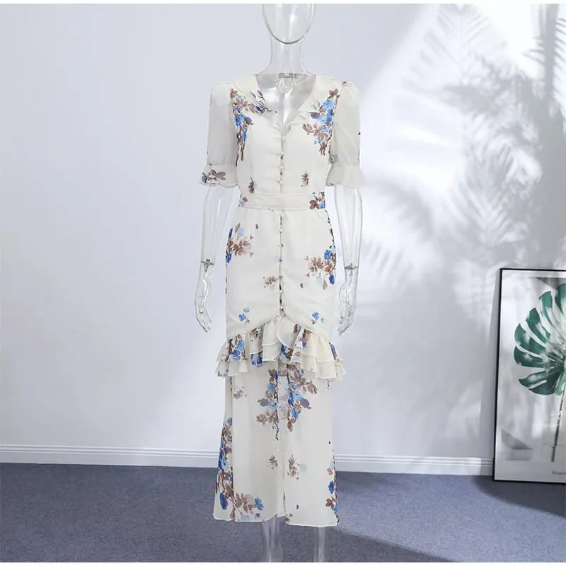 Lace Spliced Satin Midi Dress Waist Cinched Peplum V-Neck Puff Sleeve 2026 Summer Elegant Women Gown Causal Fashion Lady Vestido