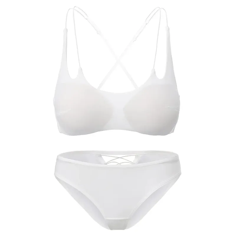 Smooth Wire Free Thin Insert Bra Panties Lingerie Set Spaghetti Strap Cross Backless Women Beautiful Underwear Three Ways Wear