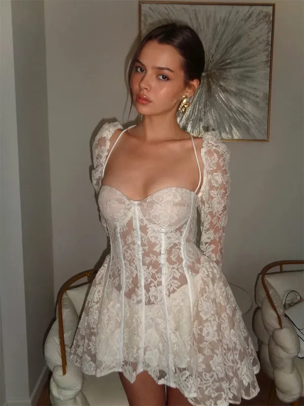 Elegant Patchwork Lace Short Dress Women Chic Full Sleeves See Through A-line Slim Dresses 2026 Lady Evening Party Vestidos New