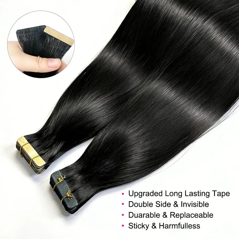 100% Human Hair Tape In Extensions 20 Inch Invisible Seamless PU Skin Weft No Weft Raw Hair Extensions Natural Black Color Adhesive Tape Ins Hair Extension For Women — image 7