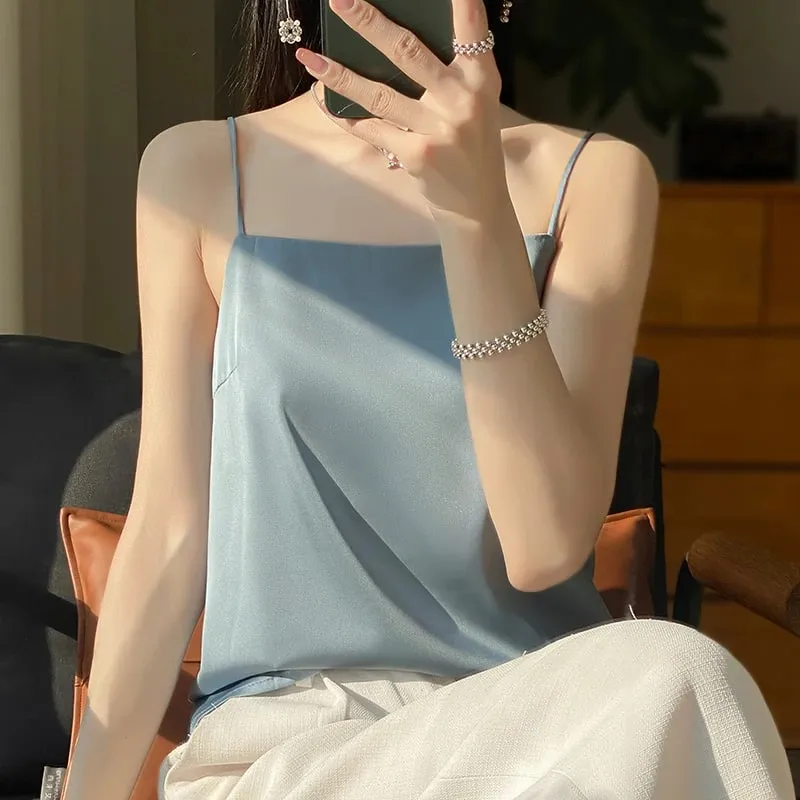 New Ice Silk Sexy Satin Strap Women's Spring/Summer Vest Solid Color Sleeveless Sexy Comfortable Silk Underwear Vest RW-D19