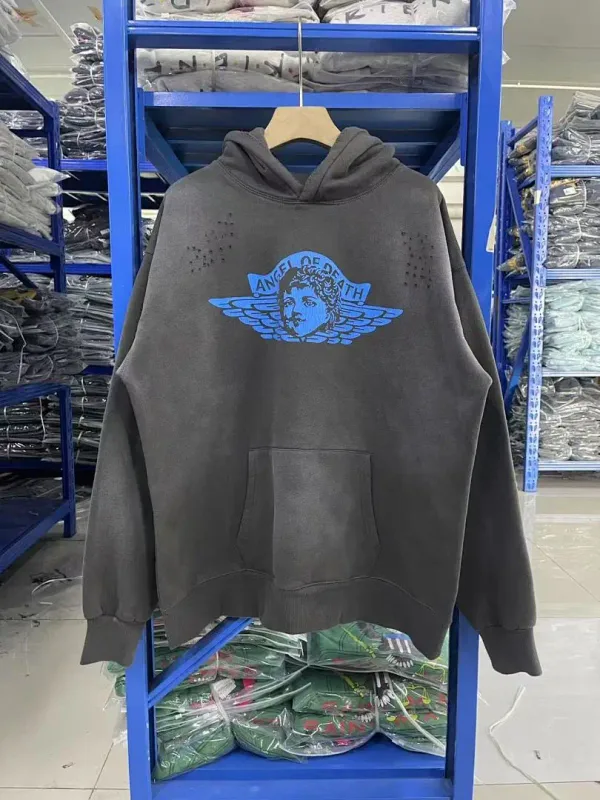 26FW SAINT x Ber B J Co-brand Big Logo Printed Women Men Washed Hooded Sweatshirt Hoodies Vintage Distressed Men Casual Hoodie