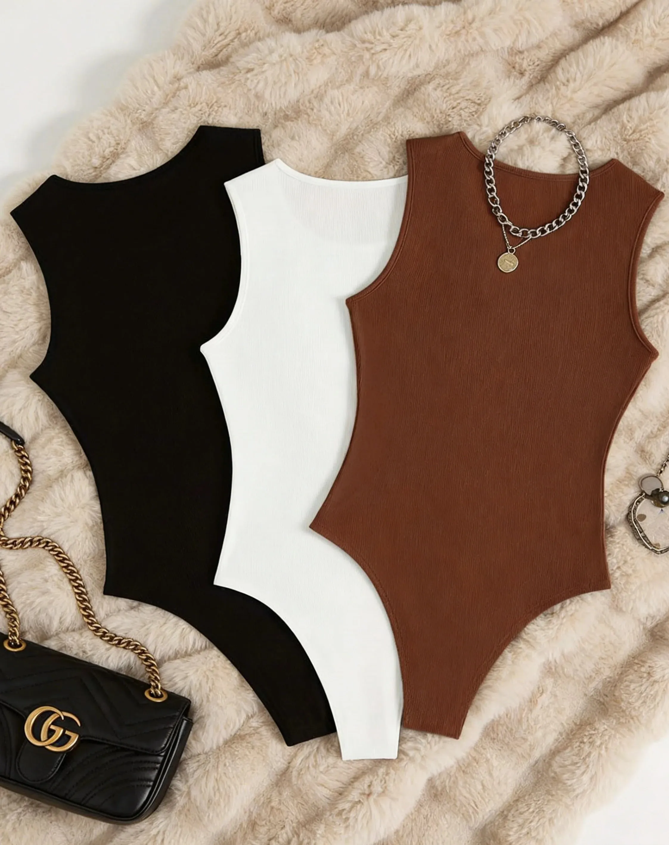 Women 3 Pack Solid Ribbed Round Neck Bodysuit Casual Sleeveless Form Fitting One Piece Bodysuit Set