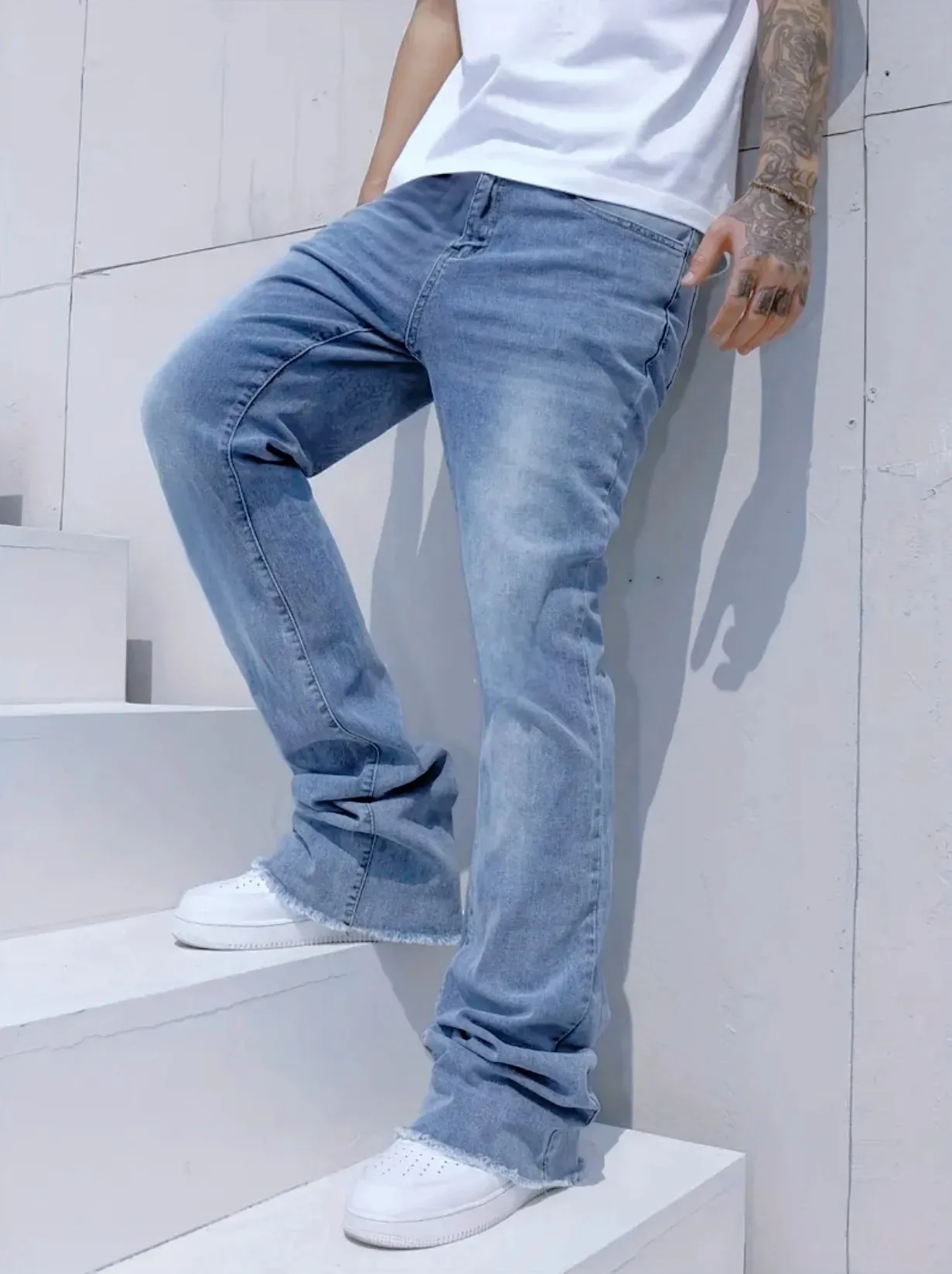 Slim Straight Jeans Men Sky Blue Fringe Cuff Detail Jeans Classic Mid Waist Solid Tone All Season Long Pants Urban Daily Stylish
