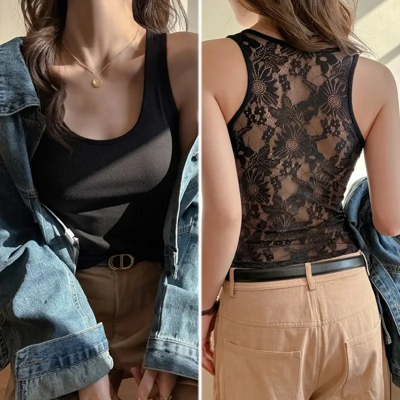 Women's Solid Color Lace Korean Vest Summer Trendy Singlet Cotton Sleeveless Camisole U-Neck Comfortable Female Tank Tops