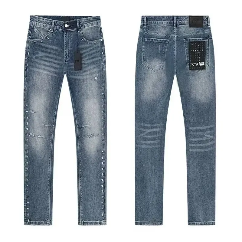 2026 RTA Men's Slim Fit Jeans Collection Distressed Ripped Paint Splatter Studded Patch Vintage Washed Streetwear Fashion Pants