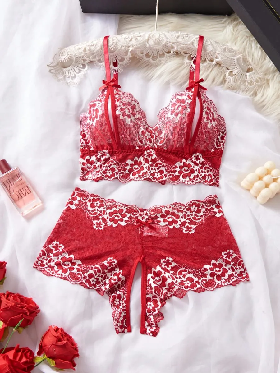 Summer Sexy Hot Women's Lingerie 2pce Open-crotch Pants And Open-tip Bra Vest Adult Underwear Transparent Flower Lace Bras Set
