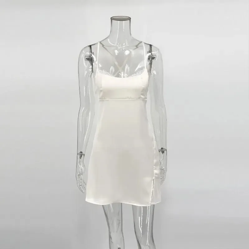 Tsiisd Fashion Satin Backless Women's Mini Dress Lace-Up Spaghetti Strap Slit Elegant Sexy Wedding Party Dress Female Dress 2026