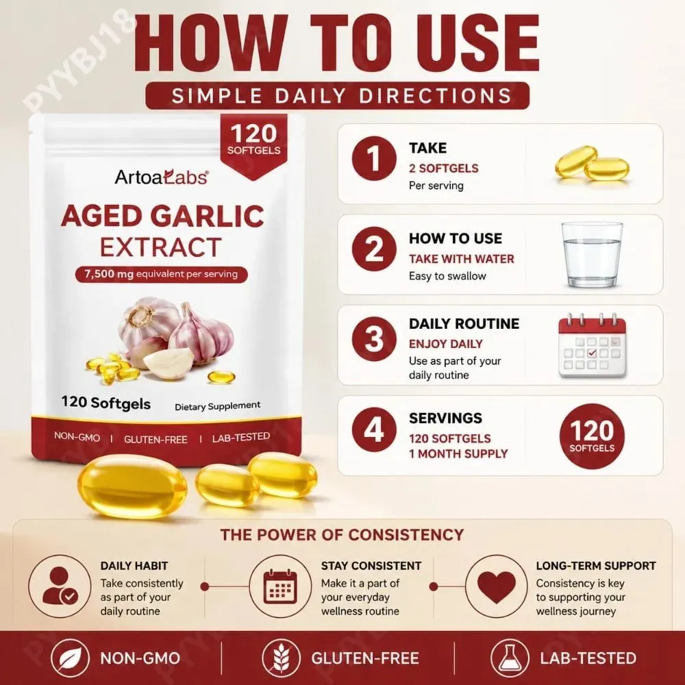 Aged Garlic Extract Softgels 7500 มก. เทียบเท่าต่อการไหลเวียนและการทำงานของหัวใจ สารต้านอนุมูลอิสระและภูมิคุ้มกัน 120Ct