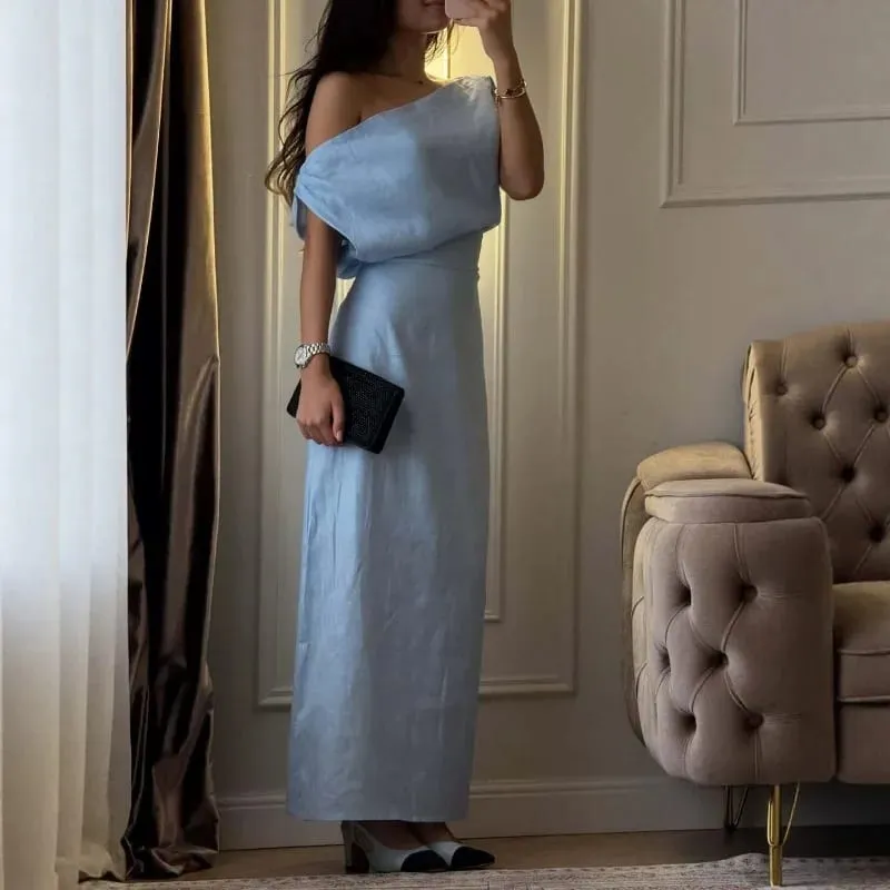Elegant One Shoulder Asymmetric Pleated Long Dress Chic Solid Color Slanted Collar Slim Cinched Slit Cotton Linen Blend Dresses