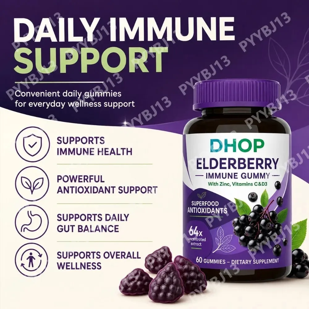 Black Elderberry Gummies 60pcs for Immune Support Sambucus Extract Zinc Vitamin C D3 for Adults Kids 2 Capsules Per Day