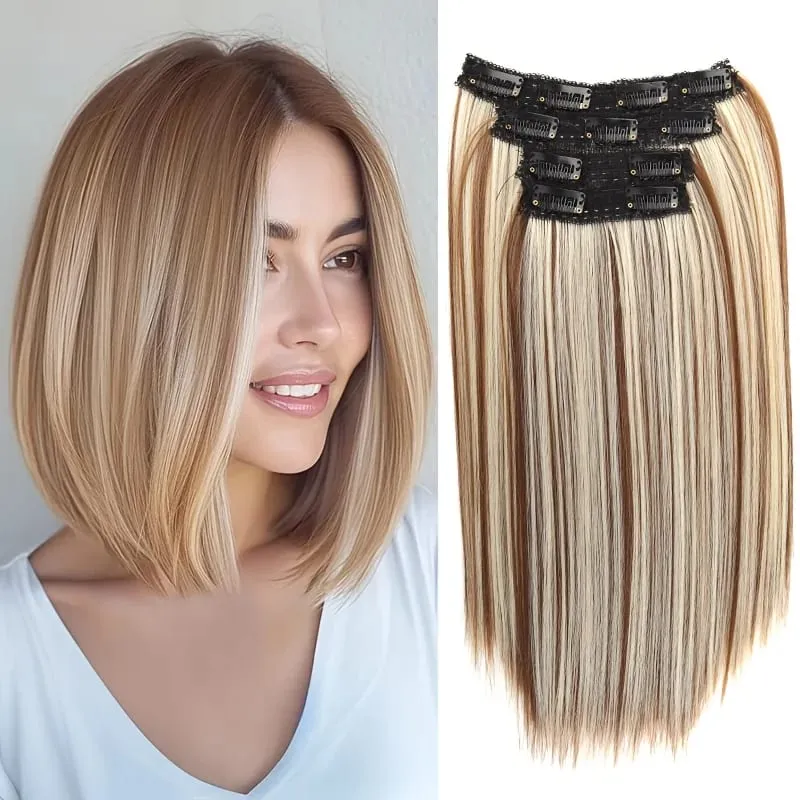 Straight Bob Clip In Hair Extensions Synthetic Highlight Clip On Hairpieces Thin Straight For Women Short Bob Daily Hairstyle — image 1