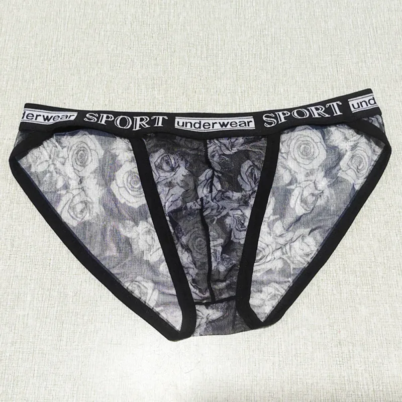 1pc Men Rose Printed Briefs High Fork Perspective Underwear Sexy Mesh Sheer Panties Breathable Comfortable Underpants