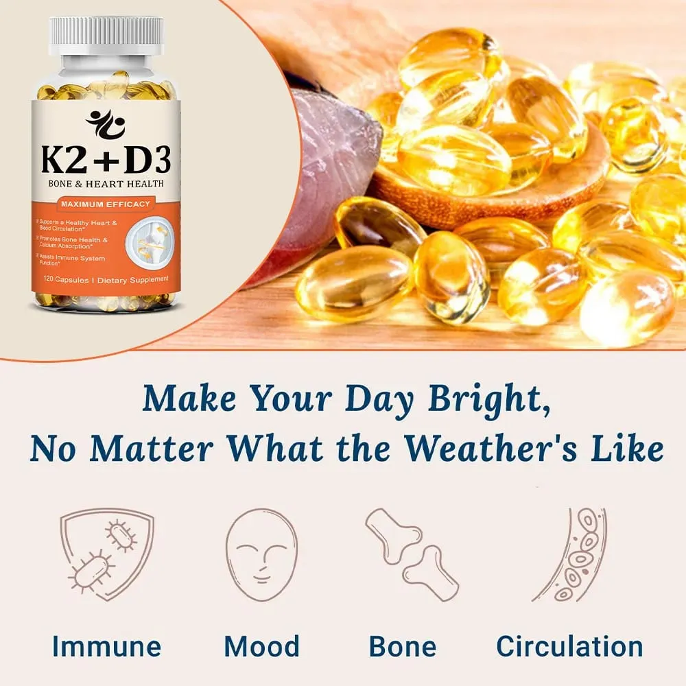Vitamin D3 5000 IU + K2 MK-7 100mcg Capsules Support Nutrient Absorption Metabolism Bone Heart Health & Immune System