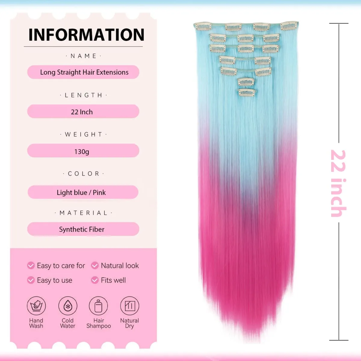 Synthetic Clip in Hair Extensions 7pcs/set Ombre Sky Blue to Hot Pink 22inch Colorful Clip in Hair Multi Styles Straight/Wavy