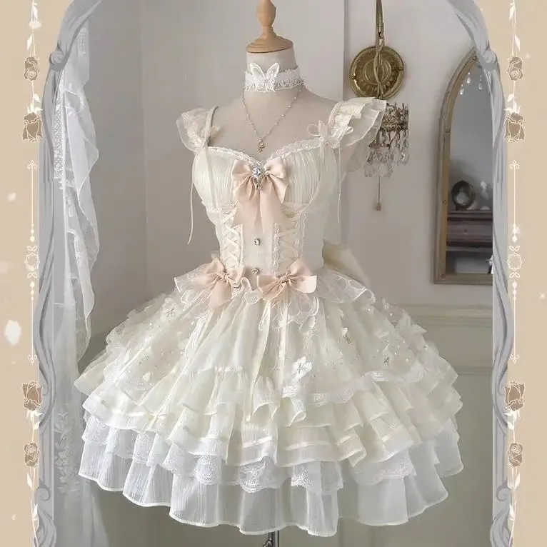 Gothic Red Lolita JSK Dress Women Spaghetti Strap Ruffle Tulle Skirt Chain Bow Decor High Low Hem Vintage Princess Party Dress