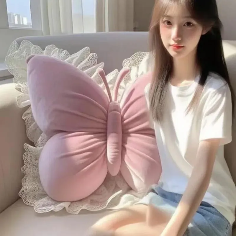 Butterfly Plush Pillow Lace Decor Waist Cushion Soft Fluffy Throw Pillow For Home Car Bedroom Sofa Decor Birthday Gift For Women