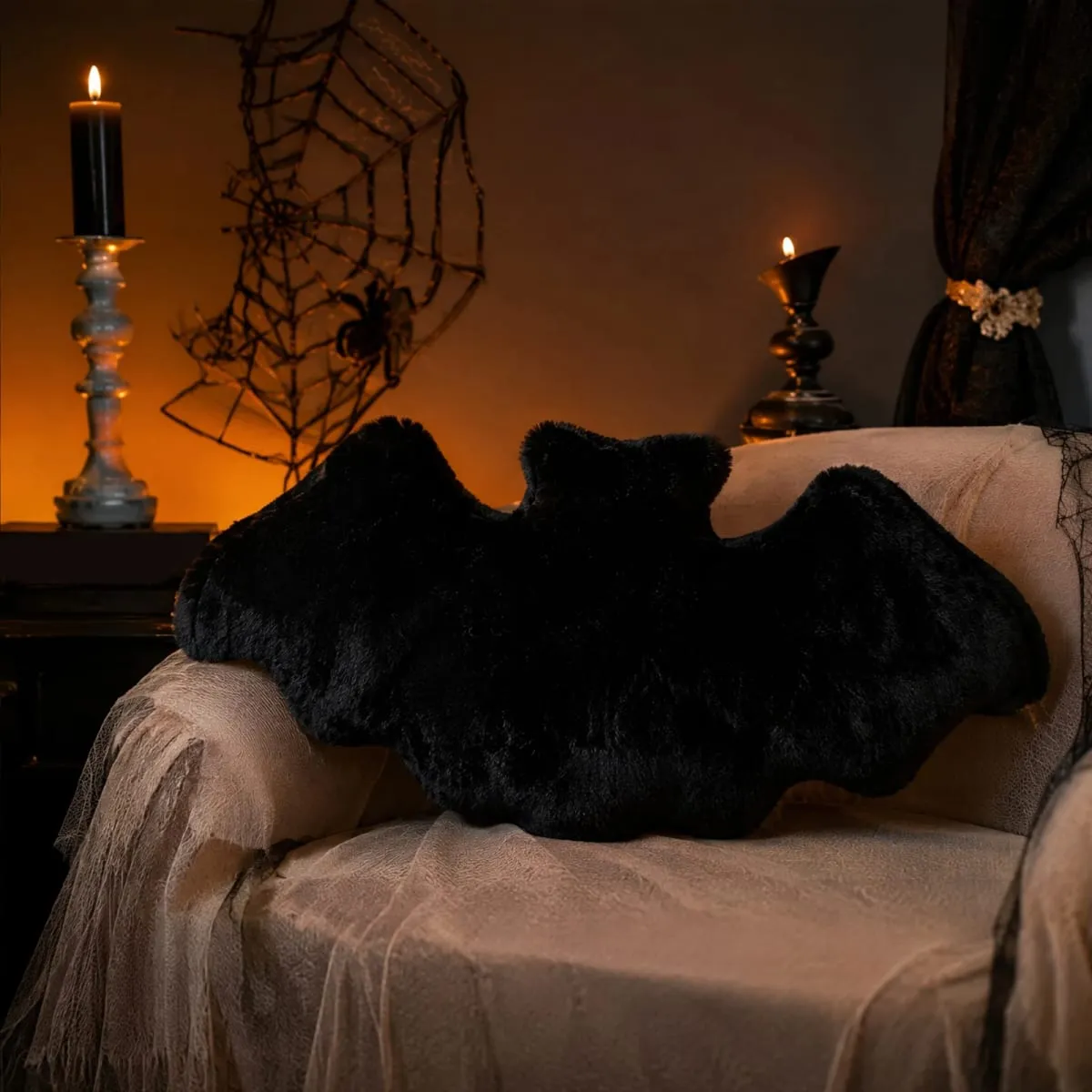 Gothic โยนหมอน 17.72x9.06 นิ้วฮาโลวีนตกแต่งหมอน Furry ค้างคาวหมอน Plush สำหรับตกแต่งบ้านฮาโลวีนเตียงโซฟา
