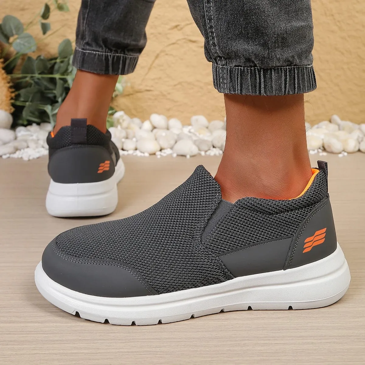 Men's slip-on hollow mesh walking loafers spliced smooth toe overlay dual elastic side gussets block segmented white outsole d