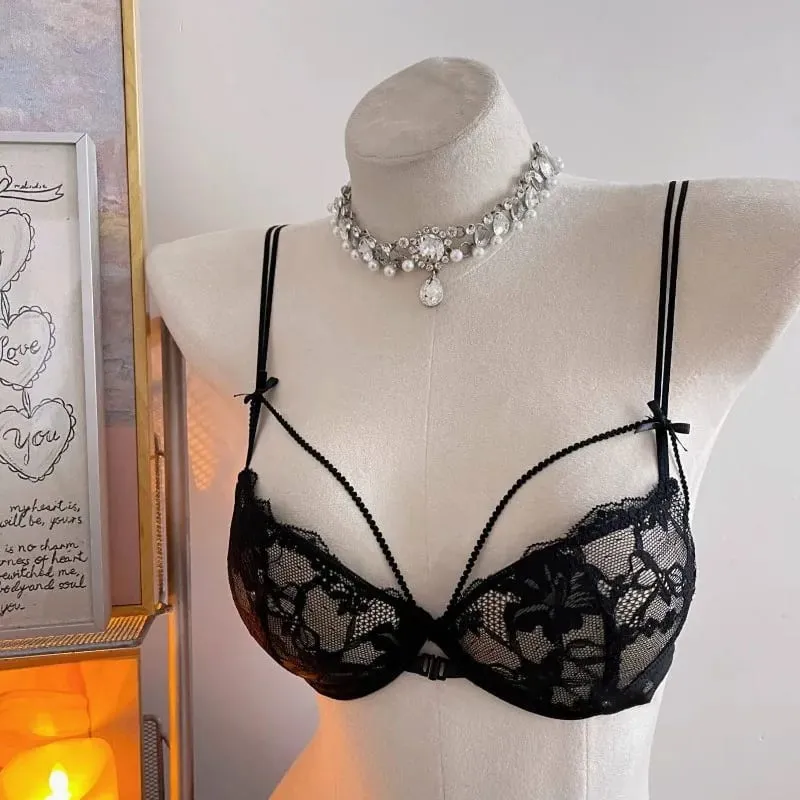 Minimal Coquette Lace Front Clasp Bra & Set Wirefree Thin Straps Beauty Back Side Wrap Support Small Bust Curvy Light Intimates
