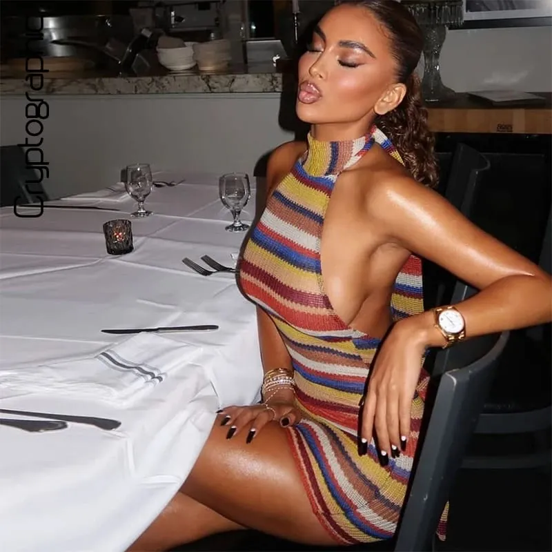 Cryptographic Striped Knit Halter Mini Dress Colorful Contrast Sleeveless Backless Summer Casual Clubwear Bodycon Short Dresses — image 1