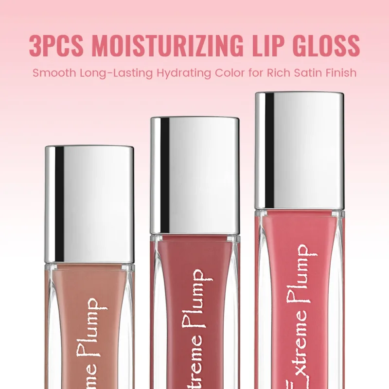 3 stk Extreme Plump Lip Gloss Sæt Spejlglas Finish Langvarig Hydrating Lip Glaze Ikke-klæbende Vandtæt nøgen flydende læbestift — image 4