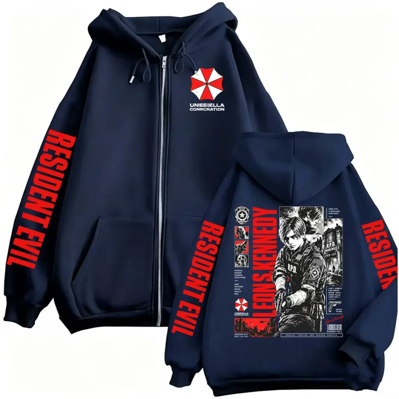 Vintage Gaming Resident Evil Leon Kennedy Zipper Hoodies Men's Fashion Classic Gothic Sweatshirts Jacket Bodywarmer Zip Up Coats
