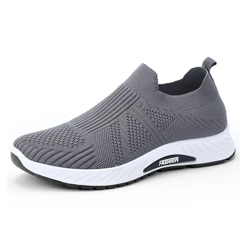 Men Breathable Knit Slip On Shoes Lightweight Cushioned Sole Round Toe Outdoor Elderly Walking Sneakers