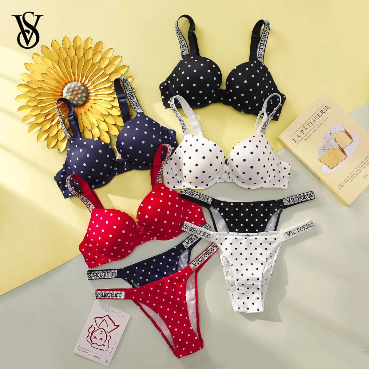 Victoria Secret Very Sexy Shine Script Polka Dot Push Up Bra Shine Script Thong Panty Set Women Sexy Lingerie Hot
