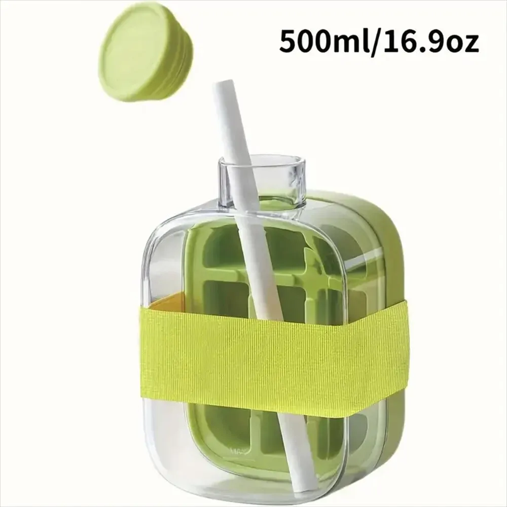 Ice Cube Bottle with Straw 2 In 1 Touch-Free Push-Type Ice Cube Making Bottle Easy Release Water Bottle Ice Mold