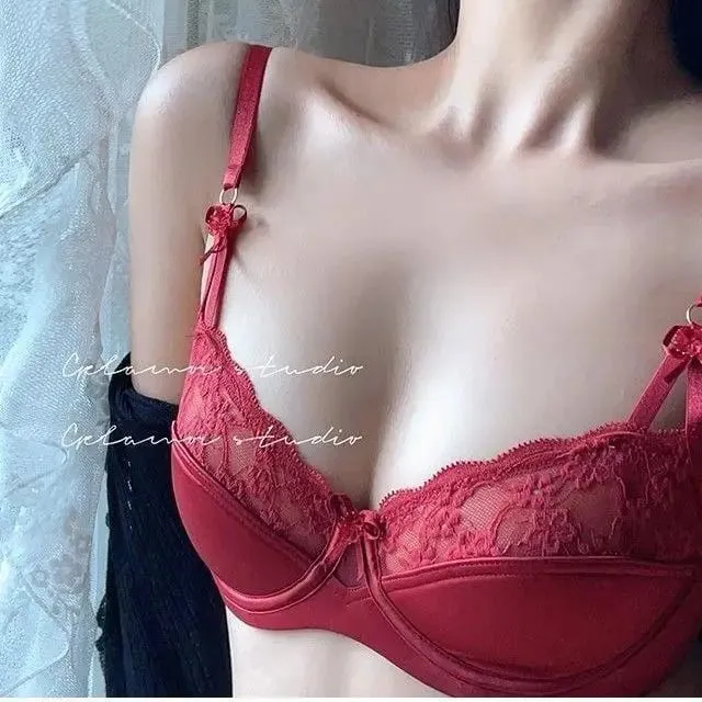 Women Bridal Red Bra Set Thin Minimizer Big Bust French Half Cup Sexy Lace Lingerie Underwear For Holiday Wedding