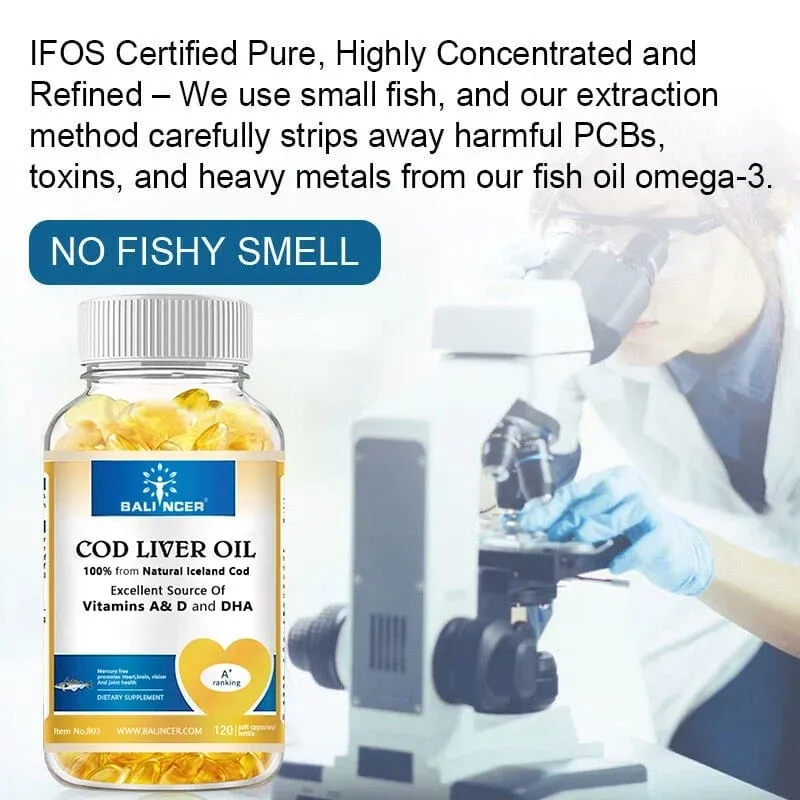 Cápsulas gelatinosas naturais de óleo de fígado de bacalhau - ricas em ômega-3 EPA DHA vitamina A D - apoiam a saúde imunológica das articulações e dos olhos do coração, cérebro