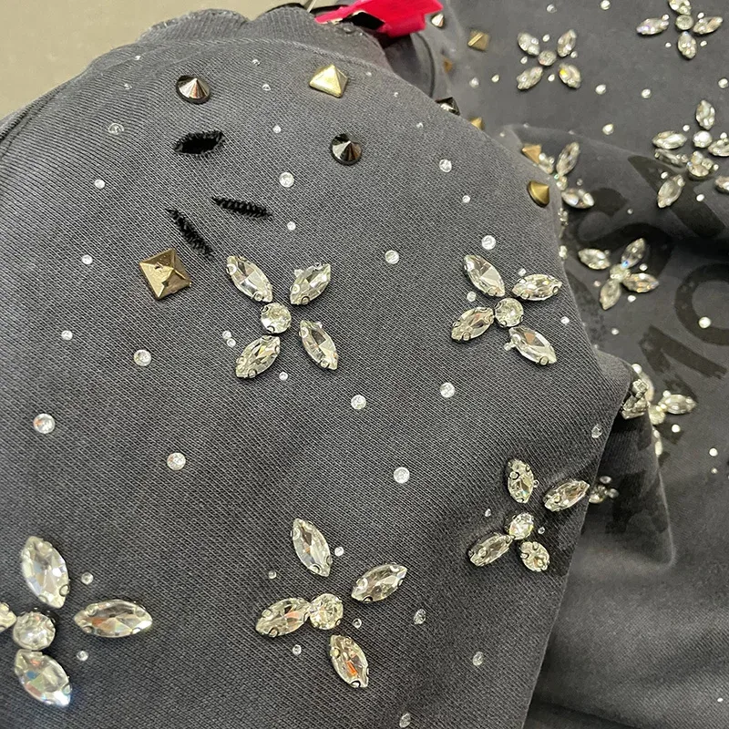 26FW Heavy Fabric Cotton Loose Rhinestone Rivet Satoshi Nakamoto Sweatshirts Men Women Vintage Charcoal Gray Green Pullovers — image 22