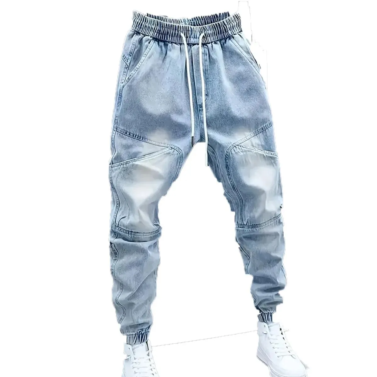 Men's New Drawstring Elastic Waist Light Blue Cuffed Baggy Jeans