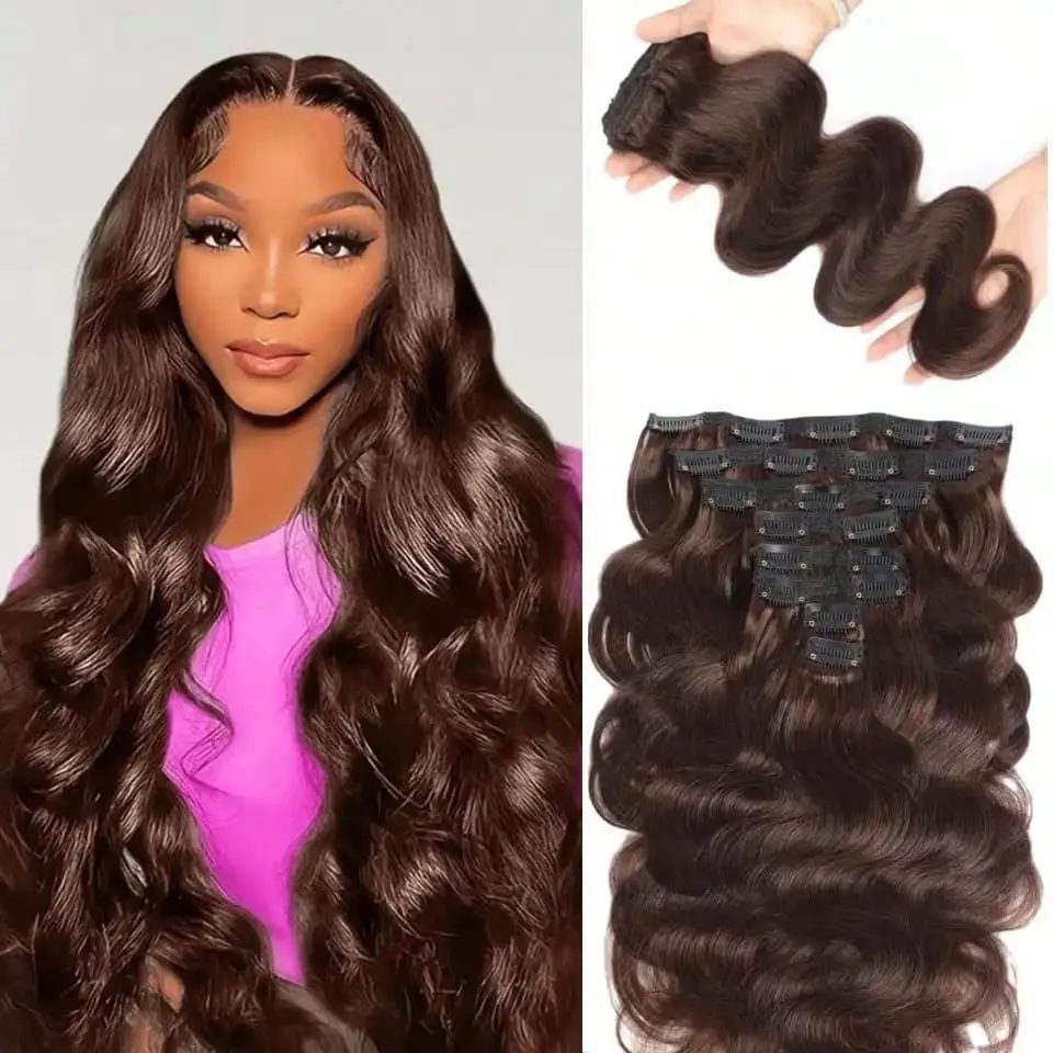 Clip in Body Wave Hair Extensions for Black Women Real Unprocessed Virgin Human Hair Clip in Extensions #1B/#2 Brown Color 120g