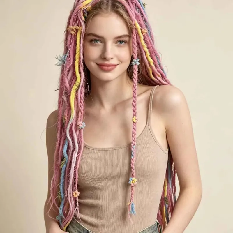 Synthetic Clip In Pastel Pink Macaron Faux Locs Hair Extensions Handmade Textured Straight With HairPieces For Women Daily Party