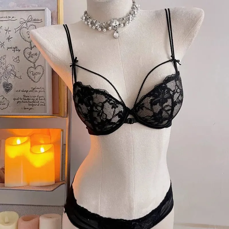 Minimal Coquette Lace Front Clasp Bra & Set Wirefree Thin Straps Beauty Back Side Wrap Support Small Bust Curvy Light Intimates
