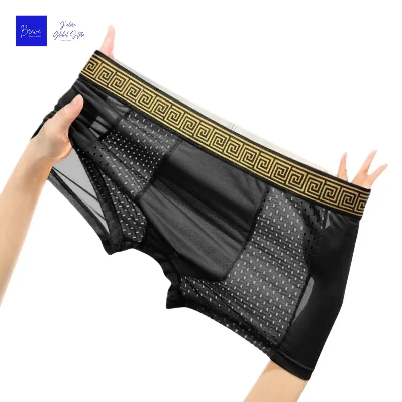 Mens Ice Silk Mesh BoxerBriefs Gold Greek Waistband Breathable Underwear Quick-Dry Bulge Pouch Sports Trunks Plus Size Summer
