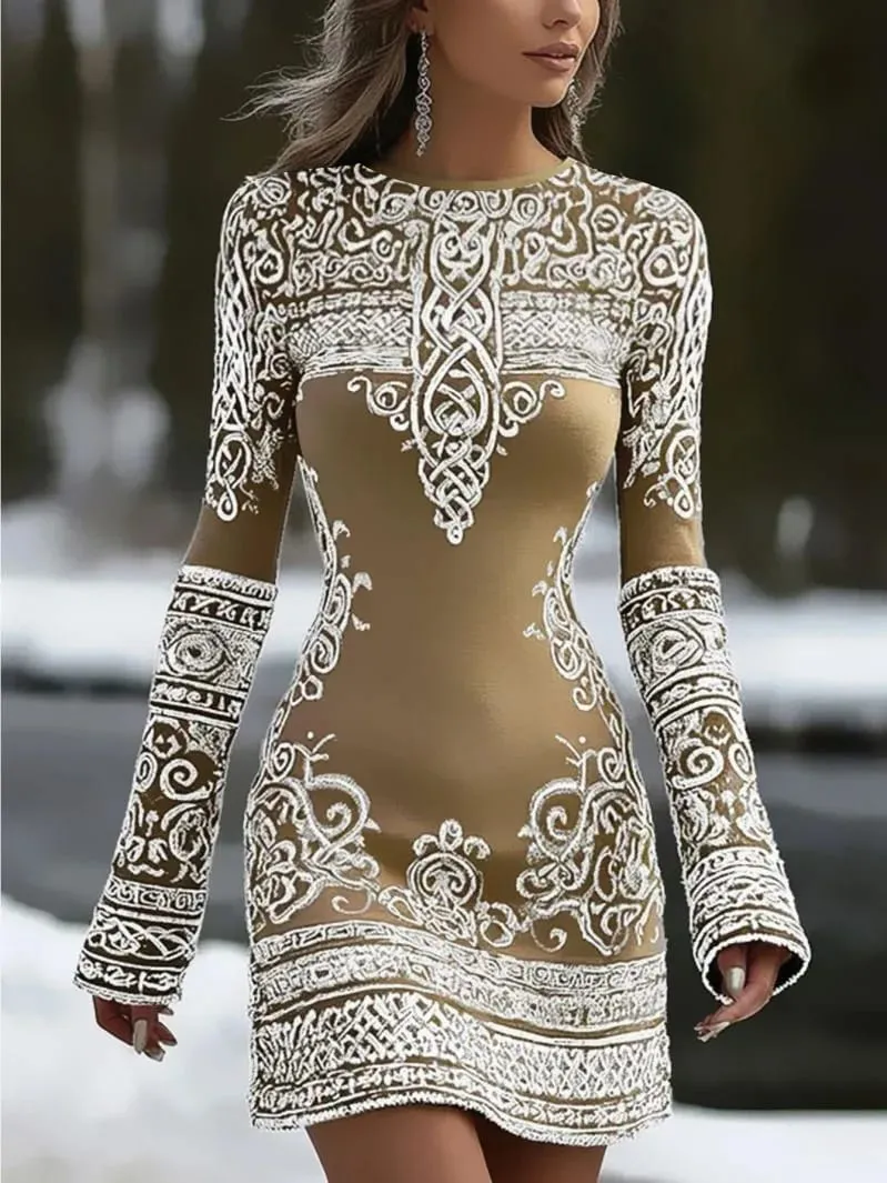 Slim Fit Round Neck Long Sleeved Hip Hugging Short Skirt Dress for Women Elegant Slimming Atmosphere Dress