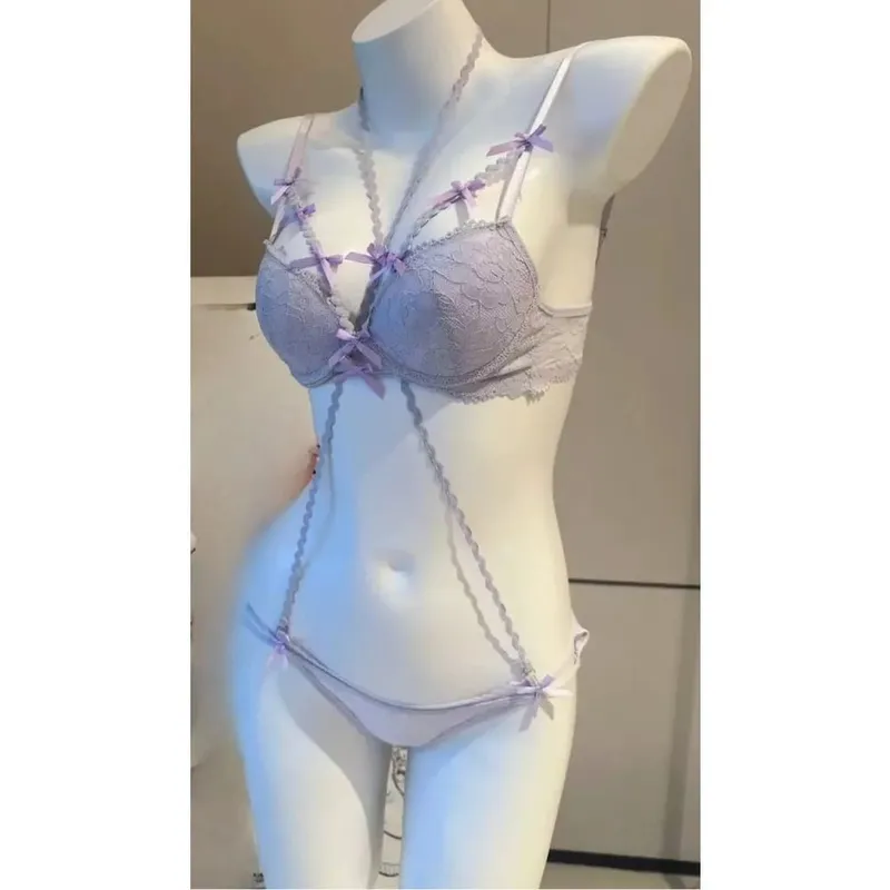 Purple Halter Bra Set Cross Strap Butterfly Detail Elegant Push Up Lingerie Kit For Women Soft Comfort Daily Wear — image 3