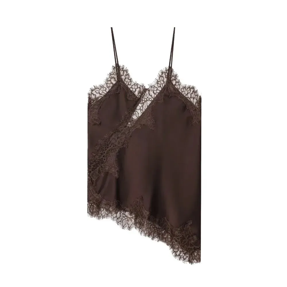 Elegante assimétrico rendas retalhos topo sem mangas sem costas camisola topos com decote em v sexy rendas feminino regata verão wear